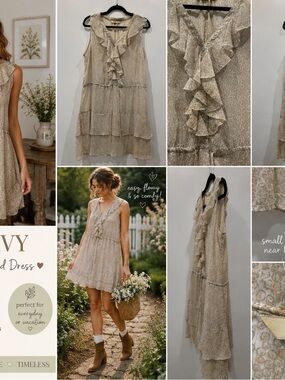 Old Navy Dress Large Beige Floral Ruffle Tiered Boho Cottagecore Sheer Prairie